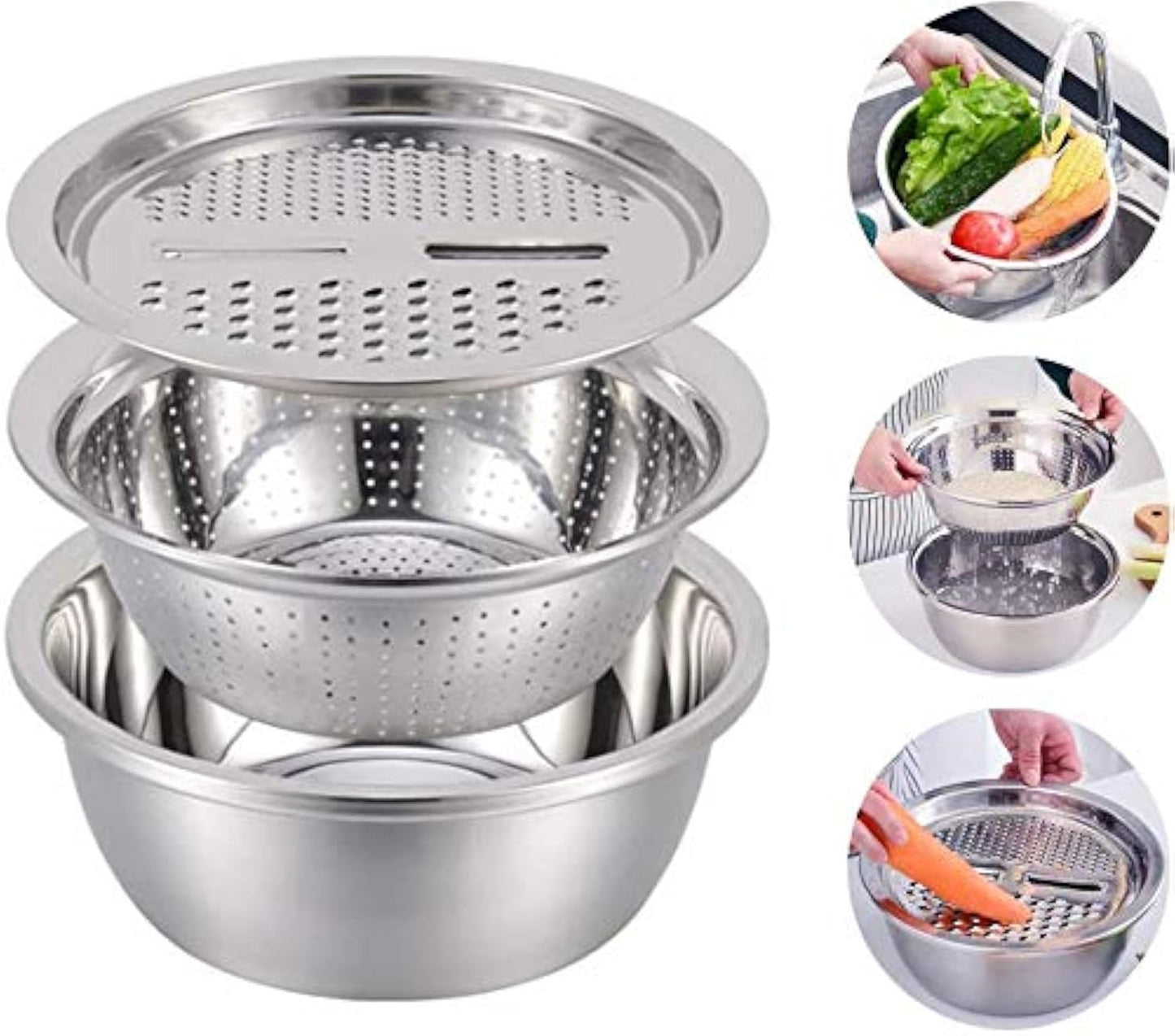 3 in 1 Multifunctional Grater Basin Stainless Steel Colanders Set